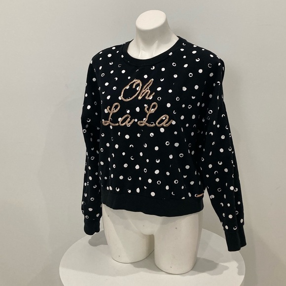 BETSEY JOHNSON Black White Polka Dot “Oh La La” Gold embroidery Sweatshirt M - Picture 3 of 17
